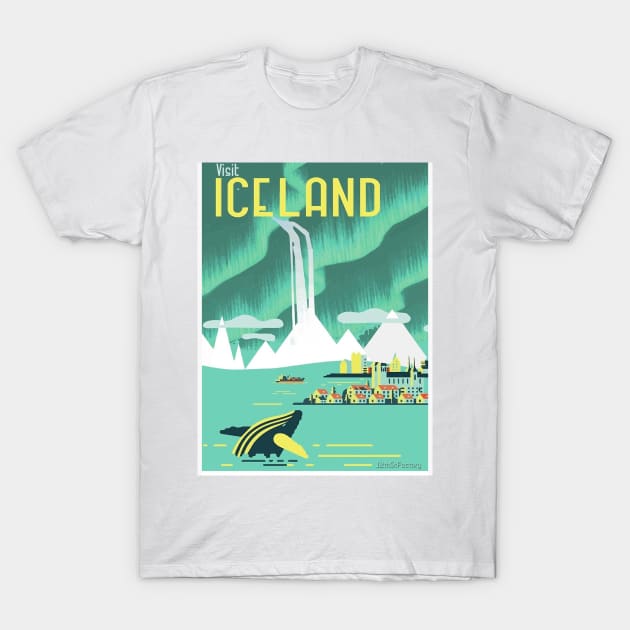 Vintage Visit Iceland Travel Art T-Shirt by Aquora Art